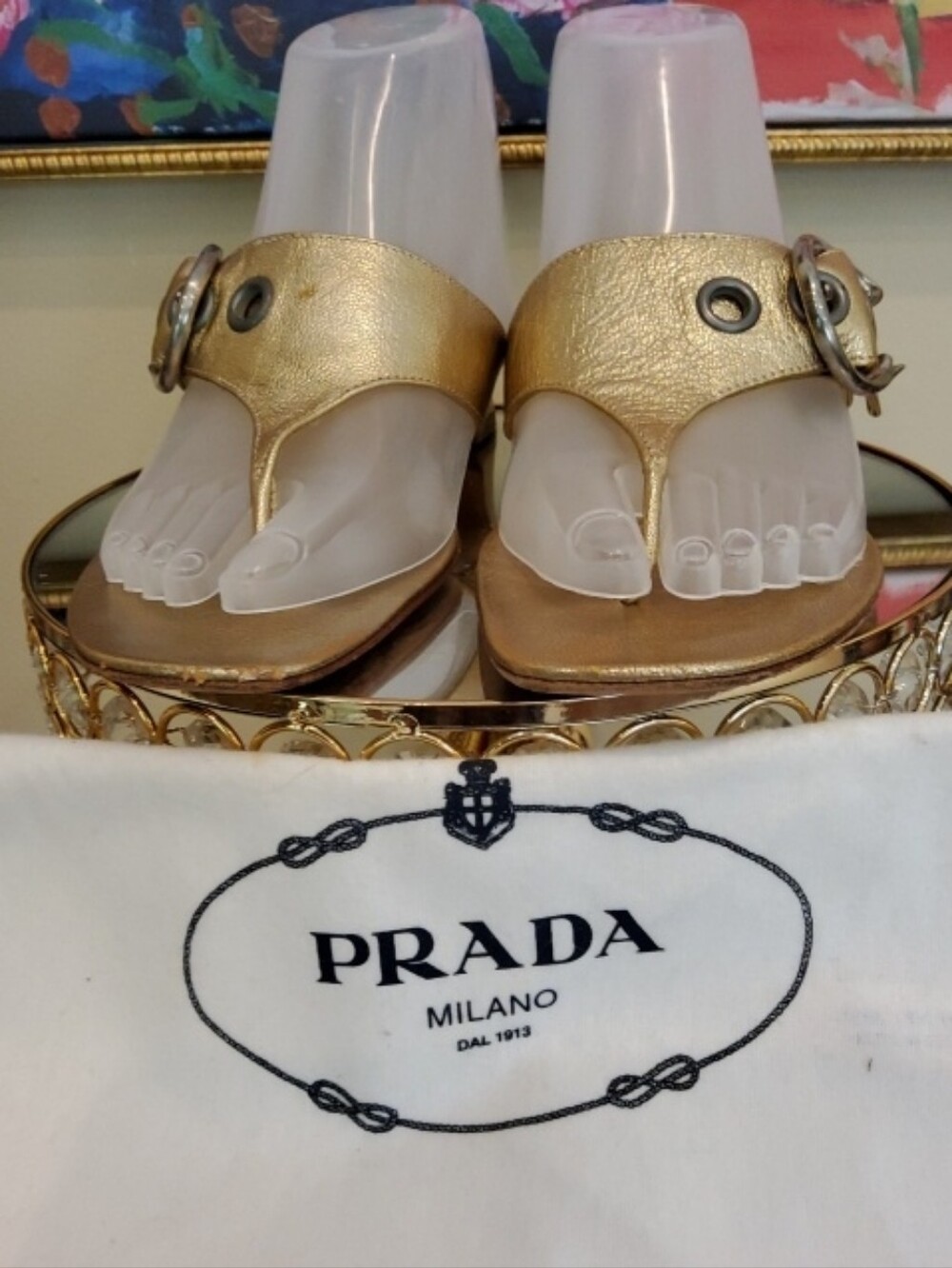 Prada Gold Metallic Leather Thong Sandals